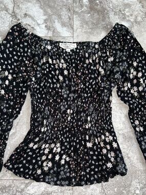 Boho Hippie Rose Smocked Bodice Long Sleeve Floral Top Small